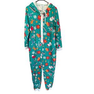 Ekouaer Women One Piece Pajama XXL 2X Christmas Hooded Green Festive Snap Jogger